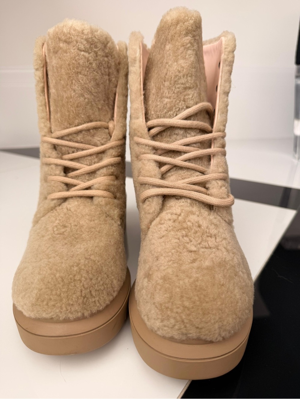 Stuart Weitzman Tan Shearling Lace-Up Combat Boots